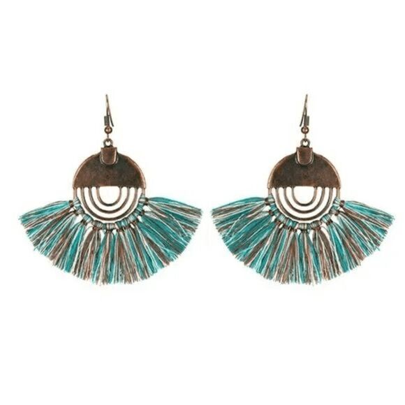 2/$21 Ladies Teal Aztec Dangle Tassel Earrings - Picture 2 of 6